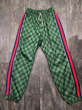 GUCCI Green GG Monogram Track Pants with Red/Blue Side Stripes